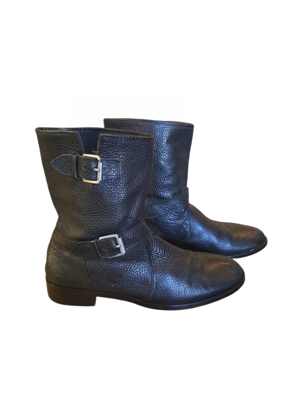 J. Crew Black Pebbled Leather Mid-Calf Moto Boots with Buckles